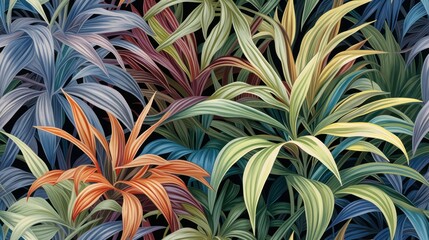  a close up of a painting of a plant with many different colors of leaves on a black background with a red, orange, yellow, blue, green, and orange color scheme.