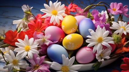  a bowl filled with colorfully painted eggs surrounded by red, white, and blue flowers on a blue background.