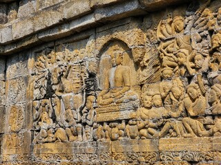 View of sculptures at Borobudur temple located in Yogyakarta, Java, Indonesia