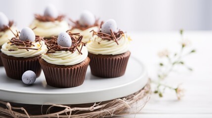 Obraz na płótnie Canvas a white plate topped with chocolate cupcakes covered in white frosting and topped with birds'nest eggs.