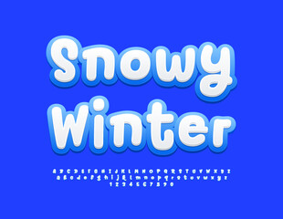 Vector funny Card Snowy Winter. Playful Handwritten Font. White and Blue cute Alphabet Letters and Numbers.