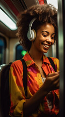 Obraz premium African American woman passenger listening music via smart mobile phone in a train, Smile female wearing wireless headphones while moving in the tram.