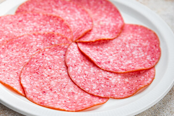 sausage salami fresh meat appetizer meal food snack on the table copy space food background rustic top view