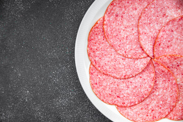 sausage salami fresh meat appetizer meal food snack on the table copy space food background rustic top view