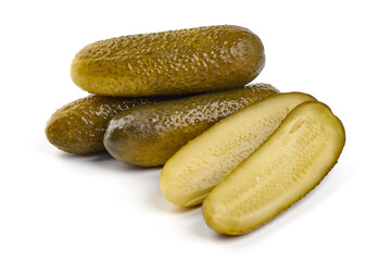 Pickles, marinated cucumbers, isolated on white background.