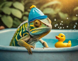 Chameleon mit badekappe und quietscheente schaut aus der badewanne