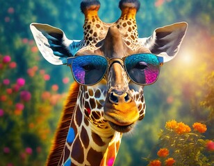 Portrait einer Giraffe mit bunten Flecken und Sonnenbrille