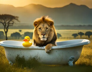 Männlicher Löwe mit badekappe und quietscheente schaut aus der badewanne