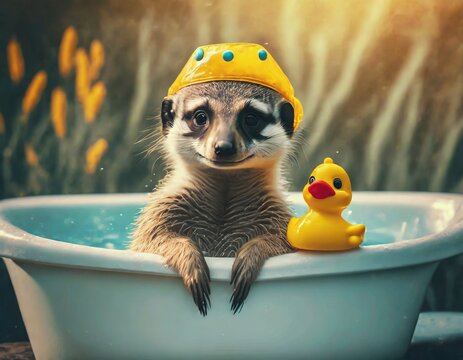 Erdm&auml;nnchen mit badekappe und quietscheente schaut aus der badewanne