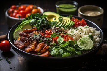 Photo of a balanced Buddha bowl with colorful ingredients. Generative AI