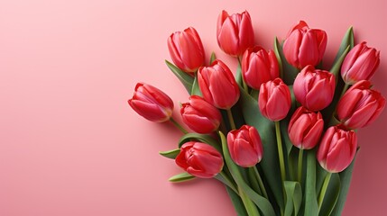 Fototapeta premium a bouquet of red tulips on a pink background with copy - space for a text or an image.