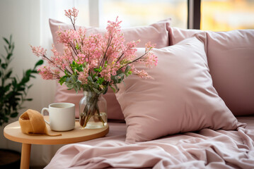 Bed linen with pillows on the bed and a vase with pink flowers in a modern bedroom