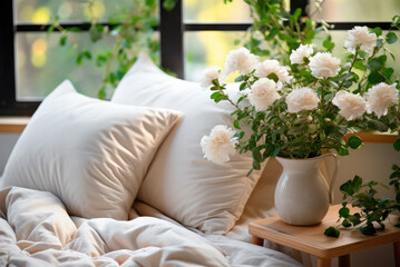 Cozy bedroom in rustic style with ethnic decor with a large window. A bed with pillows and handmade textiles and white flowers in a vase on the bedside table