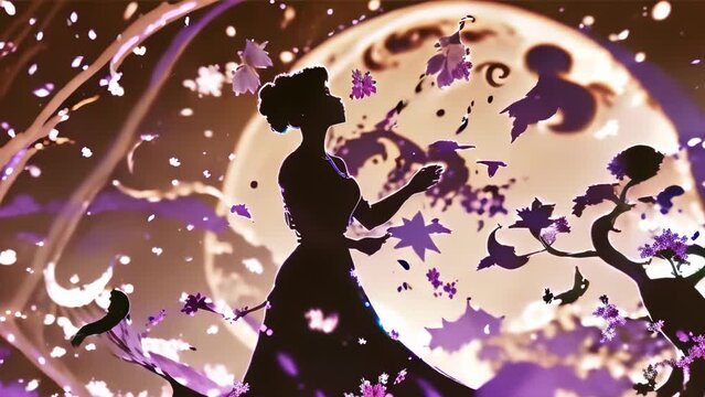 Stylish vector icon featuring two silhouettes dancing under a large moon
