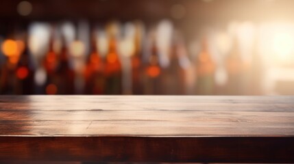  a wooden table top in front of a blurry background of bottles of wine in a wine shop or restaurant. - obrazy, fototapety, plakaty