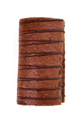Chocolate roulade cake, isolated on white background.