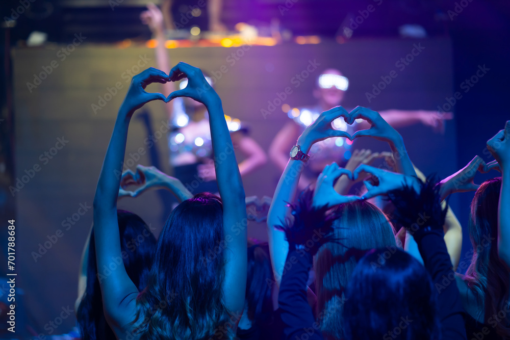 Wall mural close up hand love or mini heart. nightlife and disco dance party concept. sexy woman people and fri