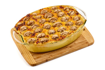 Homemade Cheesy Hashbrown Casserole with Potatoes and Cream, isolated on white background.