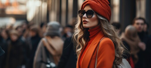 Fototapeta na wymiar Stylish woman in orange winter attire on busy city street. Urban fashion and style. Banner.