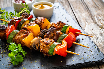 Meat skewers - grilled meat with vegetables on wooden background
