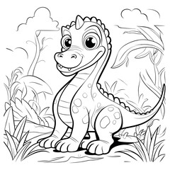 Cute dinosaur in the forest coloring page - coloring book for kids