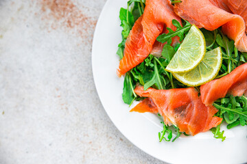 salmon salad seafood eating cooking appetizer meal food snack on the table copy space food background rustic top view 