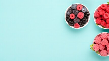 A flatlay of berries in bowls that have copy space.