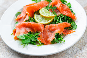 salmon salad seafood eating cooking appetizer meal food snack on the table copy space food background rustic top view 