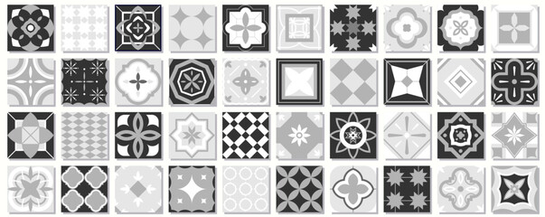 Collection of monochrome seamless geometric mosaic patterns - vintage tile black, white and gray textures. Decorative ornamental abstract backgrounds. Vector repeatable tileable prints