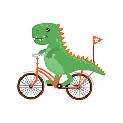 Cute dinosaur rides a bicycle and waves his hand. Dinosaur and sport. Healthy lifestyle. Cycling.