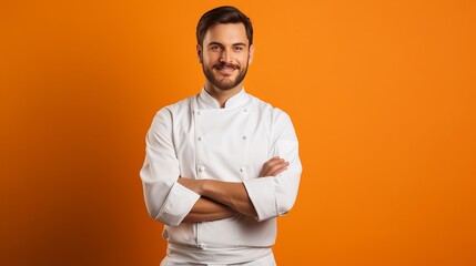 A talented young chef dressed in a chef's uniform is peering from behind and placing his hand on a white wall that is separated from an orange wall with copy space.