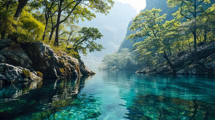 Riverside Majesty: Mountains, Trees, and Nature's Harmony Unveiled