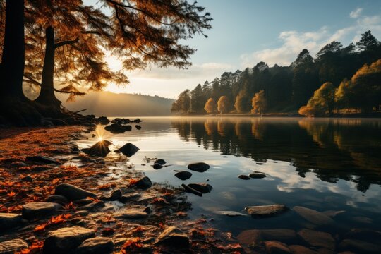 Photo of a peaceful lakeside scene with reflections. Generative AI