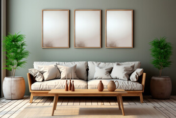 Mockups of posters or framed paintings on the wall above a white sofa in a modern living room