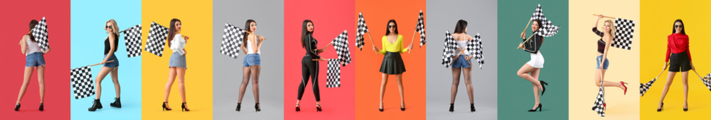 Set of beautiful women with racing flags on color background - obrazy, fototapety, plakaty