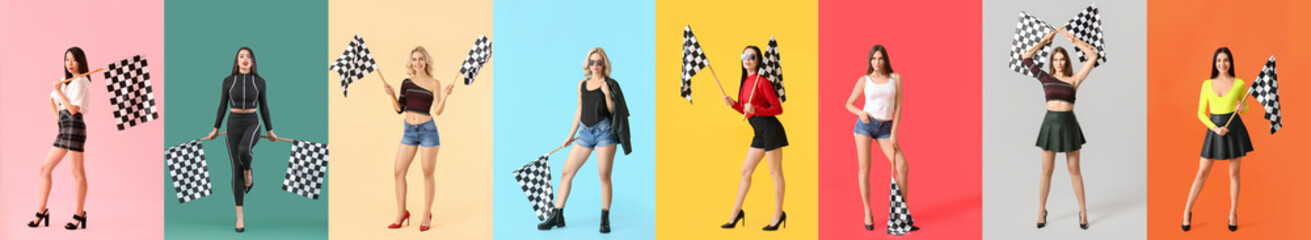 Set of sexy women with racing flags on color background