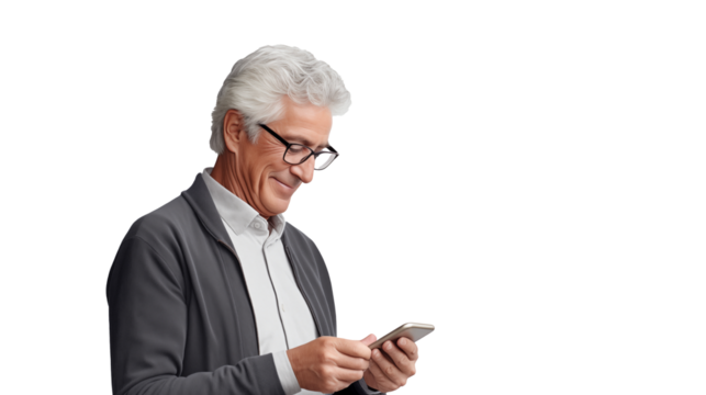 senior businessman with mobile phone on a transparent layer