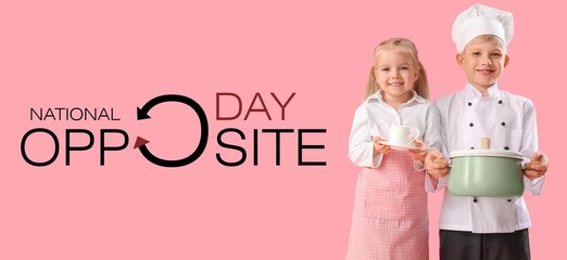 Banner for Opposite Day with waitress and chef on pink background