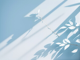 Fondo azul claro suave abstracto minimalista para la presentación del producto con luz y sombra de ramas de árboles en la pared. Vista de frente y de cerca. Copy space. IA Generativa  - obrazy, fototapety, plakaty
