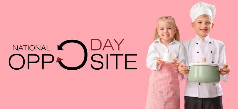Banner for Opposite Day with waitress and chef on pink background