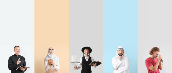 Set of representatives of different religions on color background