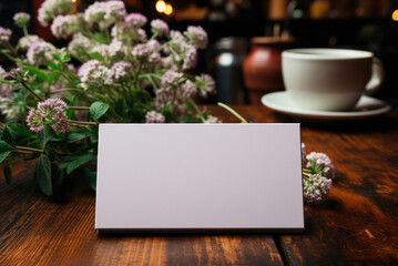 Mockup business card on a wooden table on the background of a cup of coffee and flowers