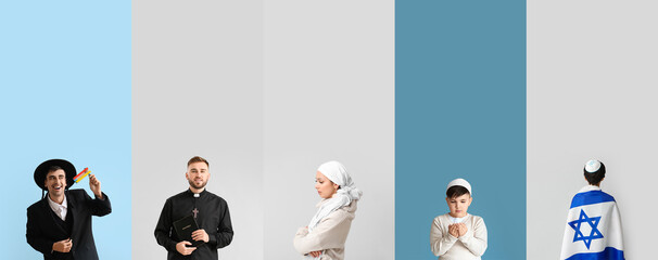 Representatives of different religions on color background - obrazy, fototapety, plakaty