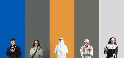 Representatives of Islam and Christianity on color background
