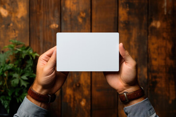 Mockup blank sheet of paper for copying space in the hands of a man on the background of a wooden table