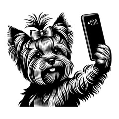 cute Yorkshire terrier dog taking selfie with smartphone illustration - obrazy, fototapety, plakaty
