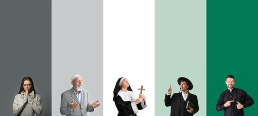 Collage of representatives of different religions on color background