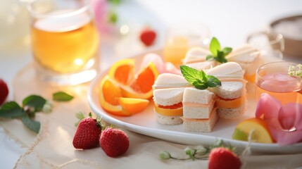  a white plate topped with slices of fruit next to a cup of tea and a glass of oranges and strawberries.