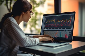 Side view of businesswoman working on laptop while sitting at table in office, Business woman sitting front laptop computer with financial graphs and statistics on monitorBusiness, AI Generated