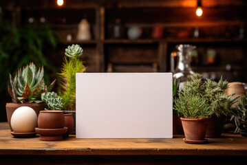 Business card mockup on a wooden table with potted plants